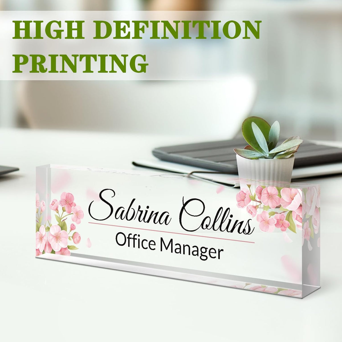 Name Plate for Desk, Desk Name Plate Personalized, Pink Office Decor for Women Men, Acrylic Desktop Accessories, Office Gifts for Boss Nurse Teacher Coworker, Employee Appreciation Gift (Flowers A)