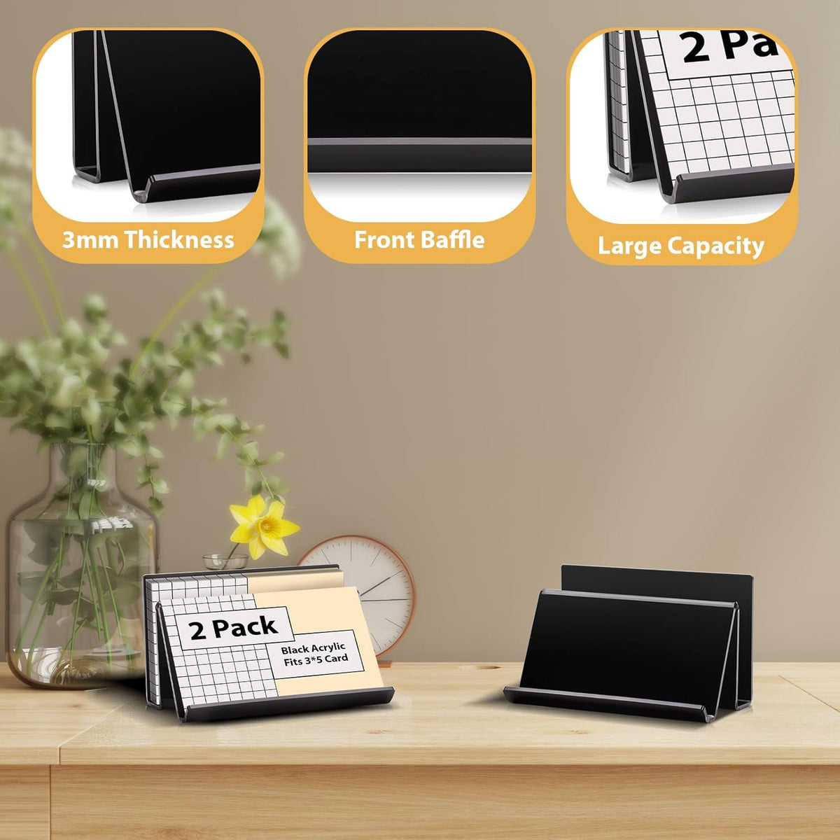 2 Pack 3x5 Index Card Display Holder Acrylic Cards Holder Stand Acrylic Business Card Holders Name Card Organizer Postcard Stand Display 200 Capacity for Studying Supplies No Card (Black, 2 Pack)