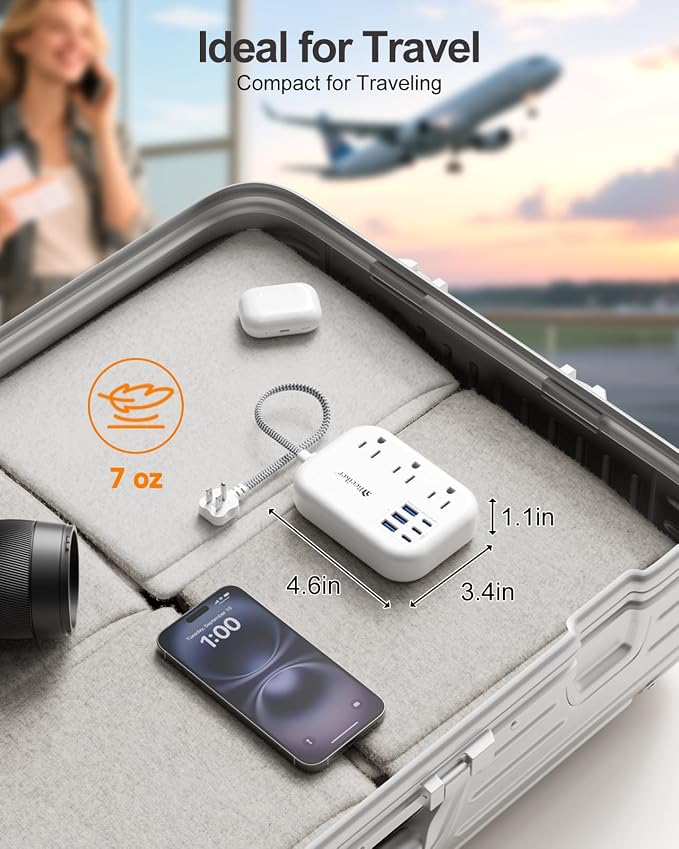 Short Extension Cord 1 Ft- 6 USB Travel Power Strip