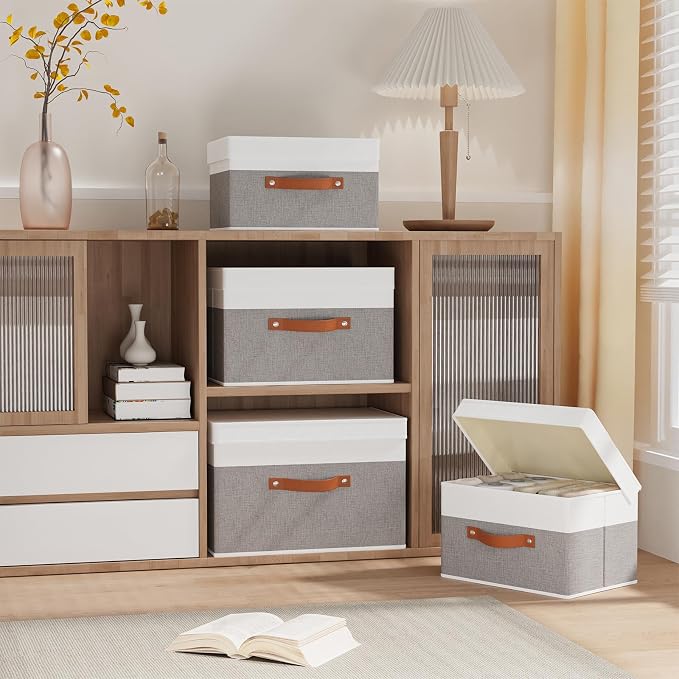 Fabric Storage Bins with Lids, 3 Pack Linen Foldable Cloth Baskets, 15 x 9.8 x