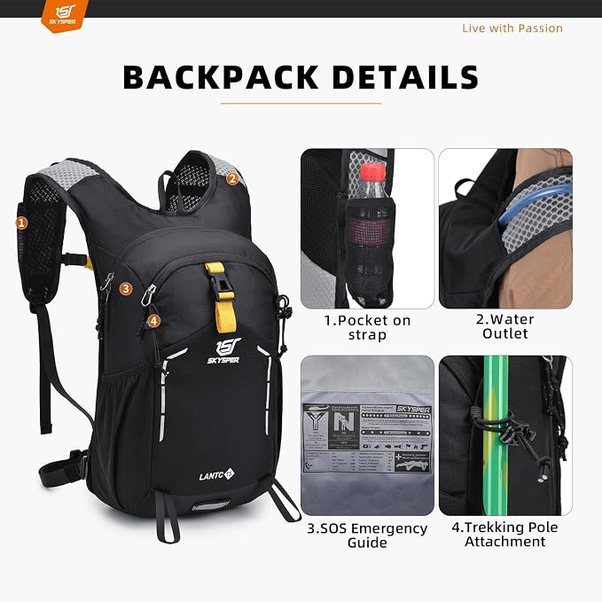 SKYSPER Small Hiking Backpack - 15L Travel Daypack Lightweight Bag Water