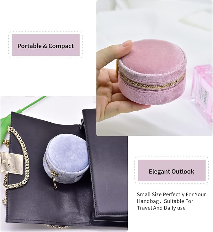 TAIMY Travel Jewelry Organizer, Small Round Velvet Travel Jewelry Case