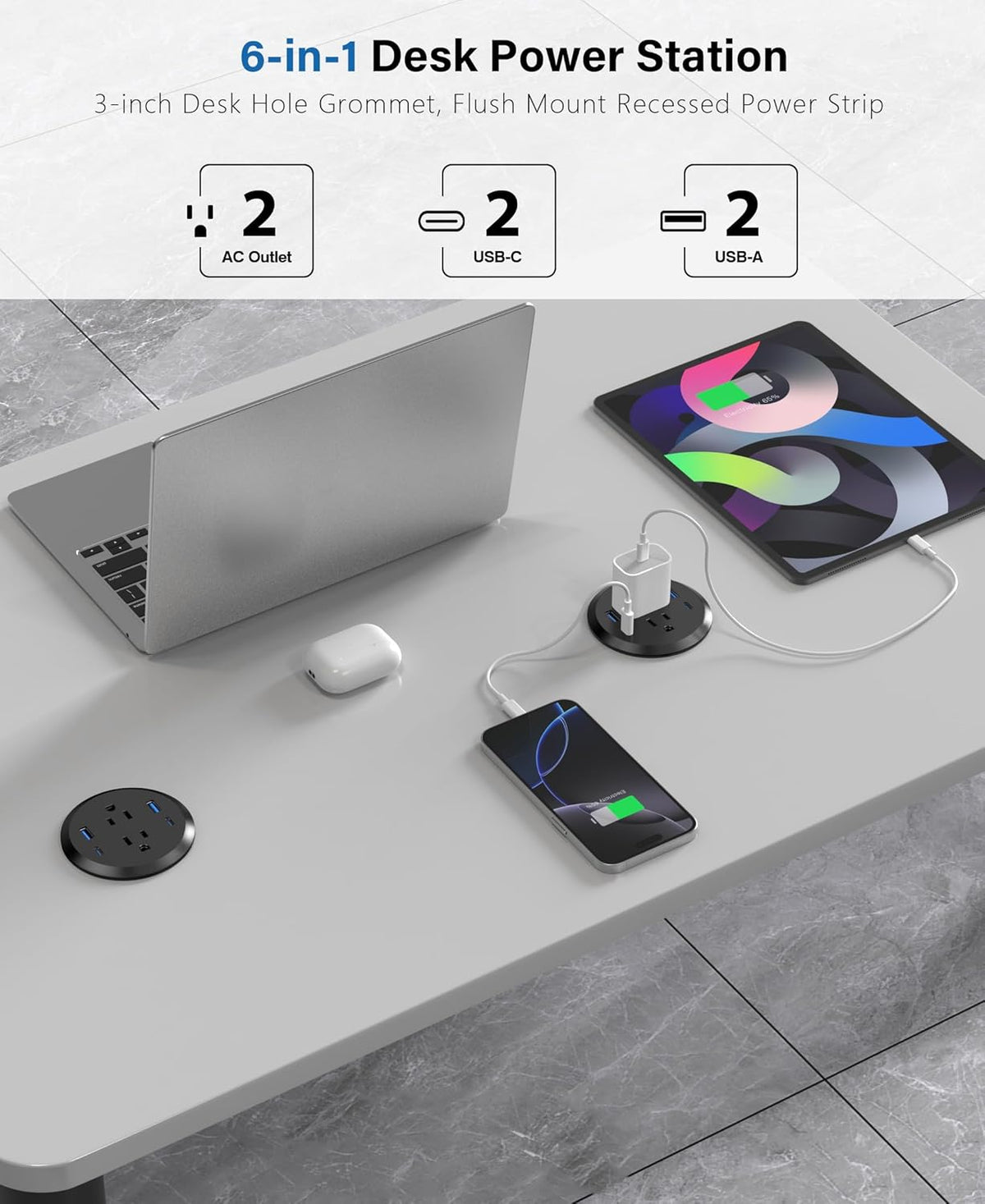3 inch Desktop Power Grommet with PD 20W USB C,Furniture Recessed Power Strip,2 Outlets,4 USB Ports,40W Total,Flush-Mount for Desktop, Workspace Essential Desk Outlet (Black, 3 FT Cable)