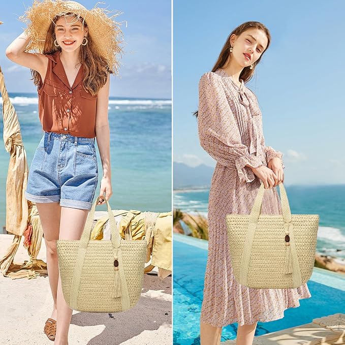 Straw Beach Bags for Women Woven Beach Tote Bag Casual Boho Large Shoulder