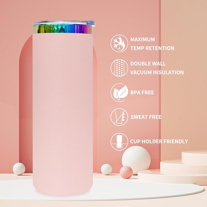 20 oz Skinny Tumblers Stainless Steel Tumbler with Lid and Straw Double Wall Vacuum Insulated Coffee Mug 20oz Powder Coated Cup for Hot and Cold Drinks(Pink,4 pack)