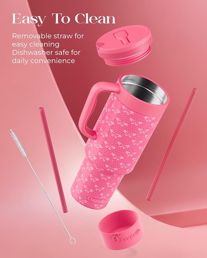40 oz Insulated Tumbler with Handle and Push-Button Straw Lid, Stainless Steel Travel Cup for Gym Office, Leakproof, BPA-Free, Cup Holder Friendly, Bow Silicone Boot, Pink (Coquette Fuchsia)
