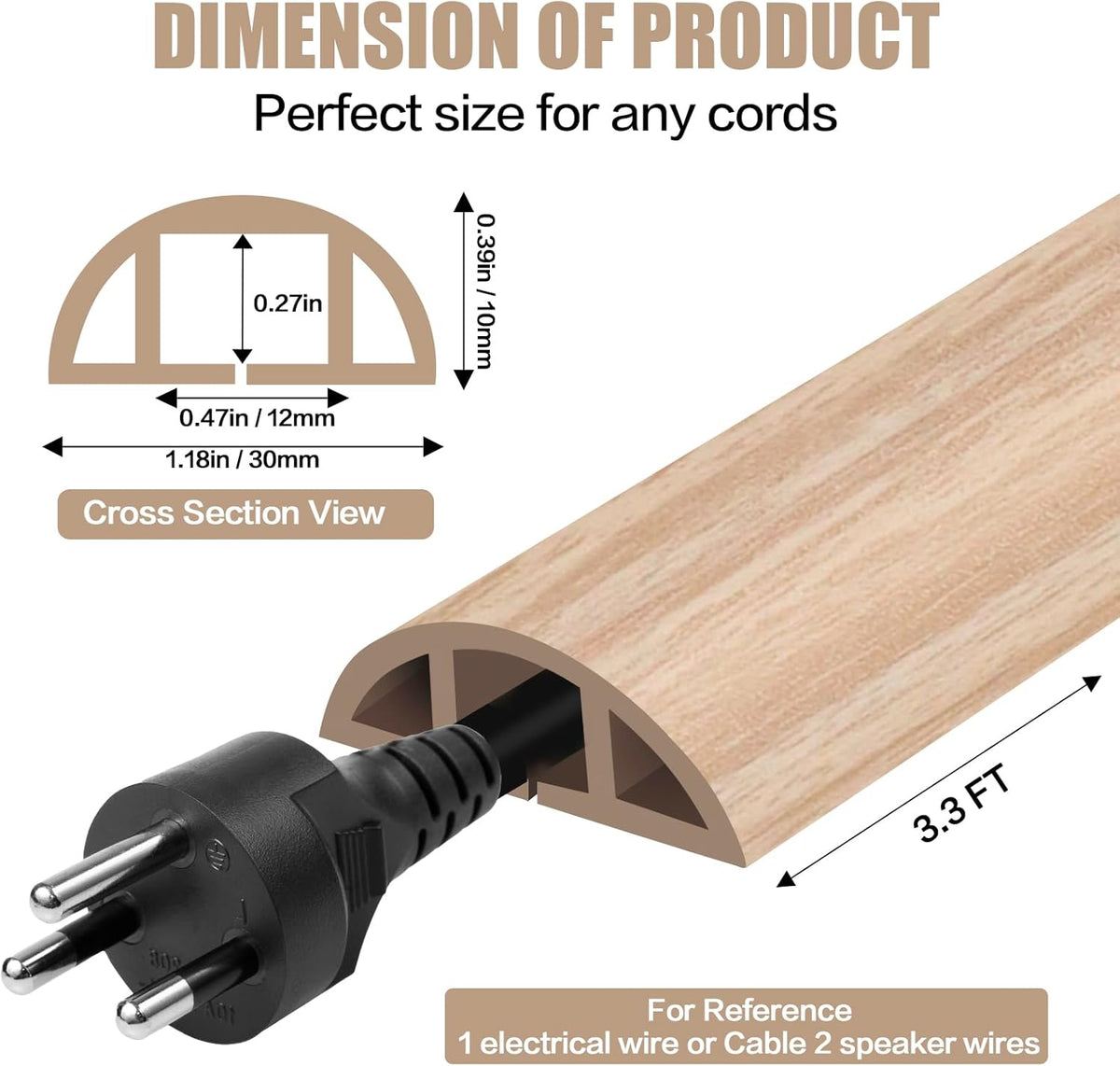 Floor Cord Cover Self Adhesive Cord Hider,3.3FT Cable Management, Extension Strip Protector for Wires, Prevent Cable Trips for Offices, Gyms, Exhibitions Cavity:0.39"(W) x0.27(H) WoodLightyellow