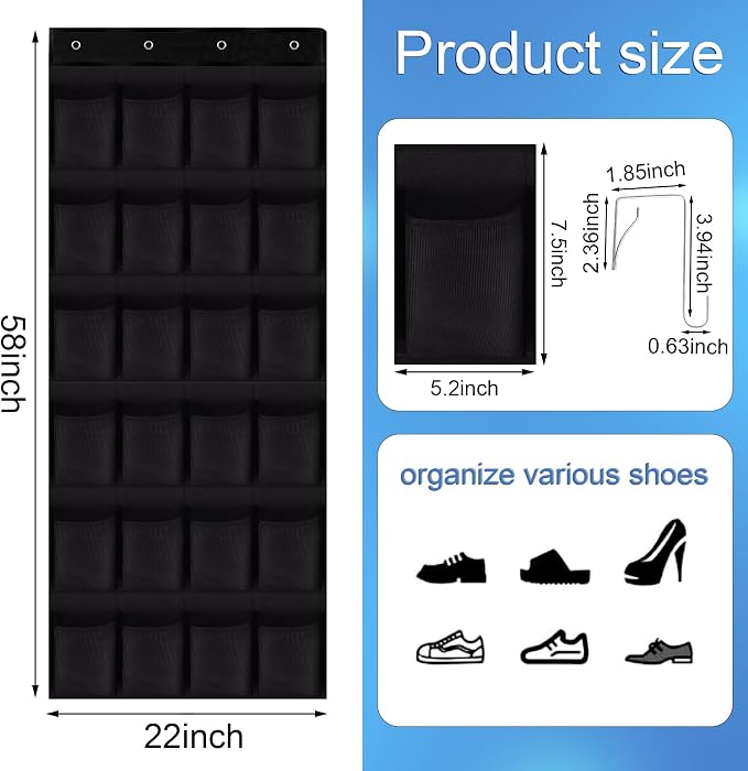 Over the Door Shoe Organizer, 24 Large Breathable Mesh Pockets, Hanging Storage
