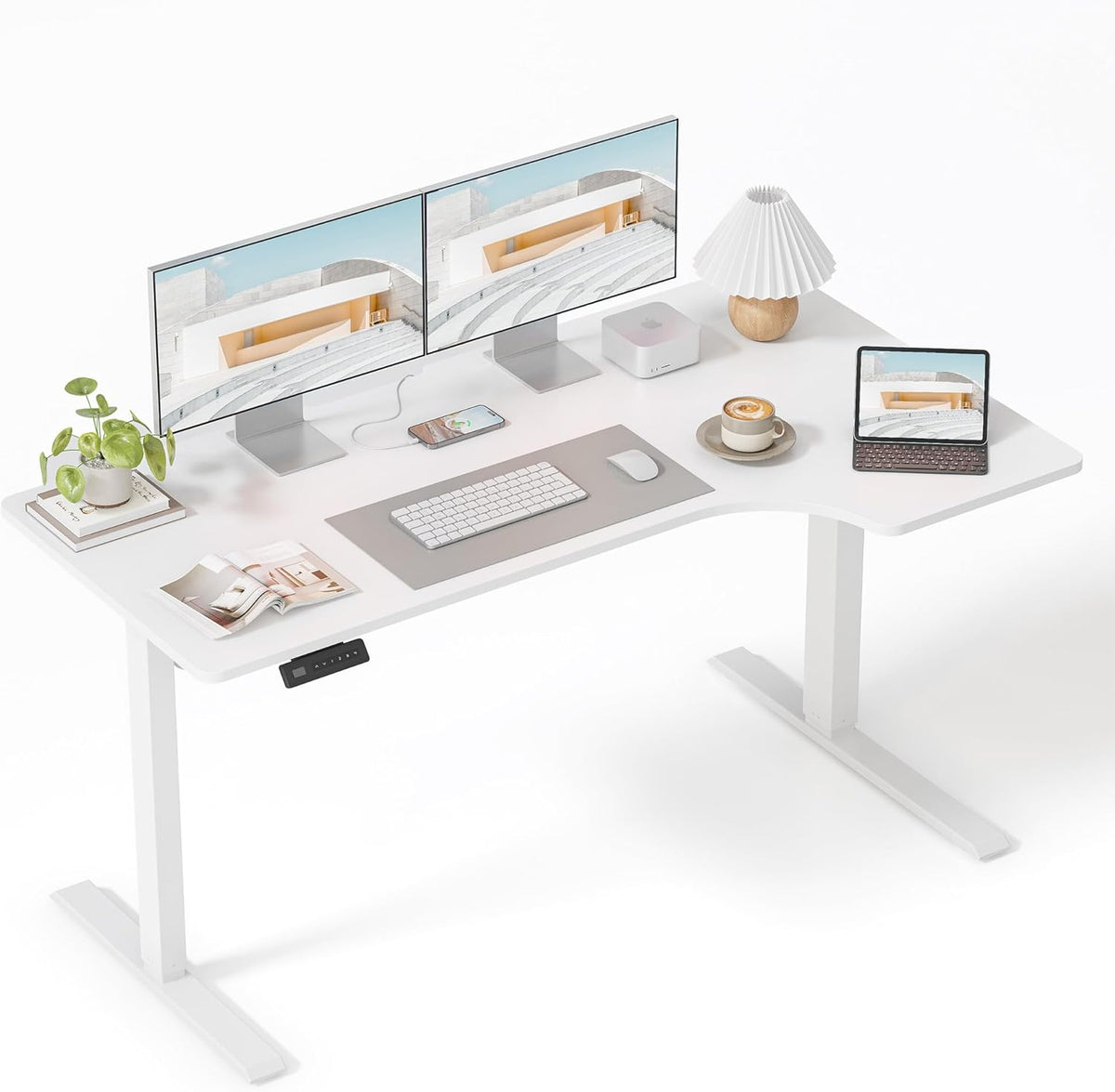 FEZIBO 55×32 inch L Shaped Electric Corner Standing Desk, 4 Memory Height Settings,Home Office & Computer Height Adjustable Table, Ergonomic Sit and Stand Up Workstation with Splice Board,White Top