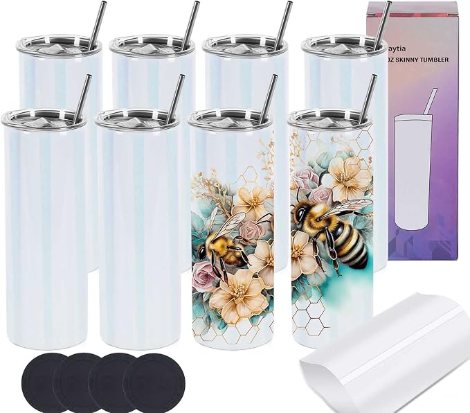 Glitter Sublimation Tumblers 20 Oz Skinny Straight, 8 Pack Stainless Steel Sublimation Glitter Shimmer Tumbler Blanks, Individually Boxed, White