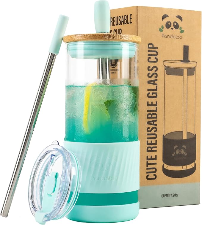 Pandaloo® Glass Cups With Lids and Straws -20 Fl Oz- Perfect Size Iced Coffee Cup - Smoothie Cup With Bamboo Lid and On the go Lid - Glass Tumbler With Straw (1 Count (Pack of 1), Carribean Blue)
