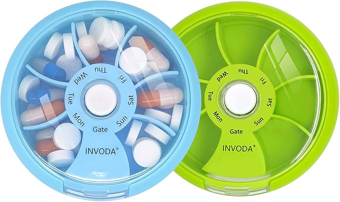INVODA Weekly Pill Organizer 7 Compartment Rotating Pill Box