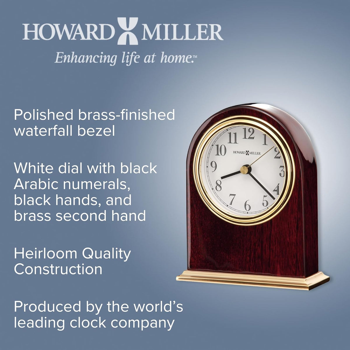Howard Miller Monroe Table Clock - Arch-Shaped Analog Desk Clock, Wooden Tabletop Timepiece w/Brass Accents, Battery-Operated Quartz Movement, Shelf Decoration for Living Room, Bedroom, Office Decor