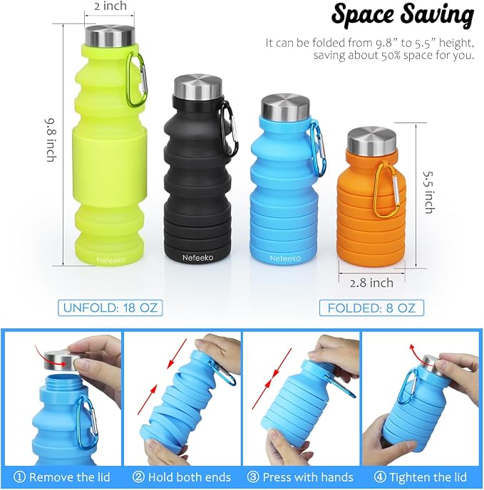 Nefeeko Collapsible Water Bottle, Reuseable BPA Free Silicone Foldable Water