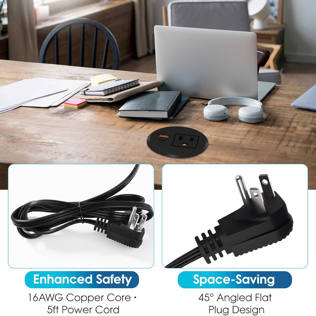 Desk Power Grommet 2.5‘’ Hole, Desktop Power Grommet, USB C 20W Fast Charging Station, Recessed Power Strip for Desk, Furniture, Office Table, Work & Living Space Essential (2 Pack)