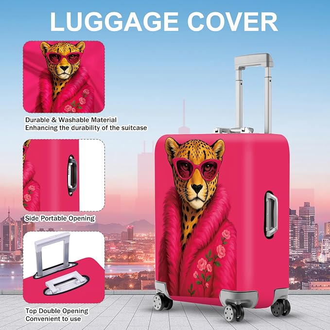 ANNA QUEEN Fashionable Leopard Luggage Cover, Leopard in Pink Coat and