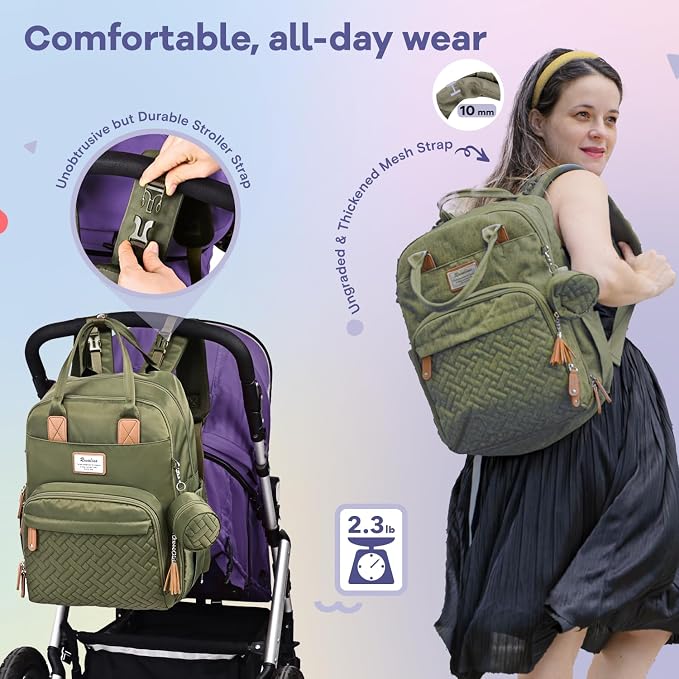 RUVALINO Diaper Bag Backpack, Large Capacity, Waterproof, Olive Green