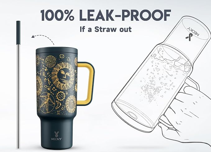 Meoky 40 oz Tumbler with Handle and Straw, Tumbler with Lid and Straw, Insulated Stainless Steel Travel Mug, 100% Leak-proof, Keeps Cold for 34 Hours or Hot for 10 Hours (Tarot)