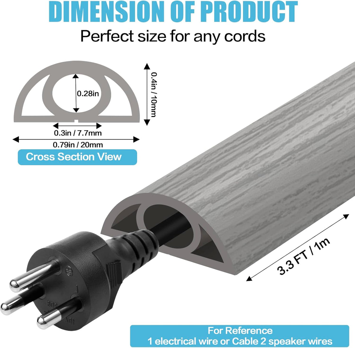 Floor Cord Cover Self Adhesive Cord Hider,3.3FT Cable Management, Extension Strip Protector for Wires, Prevent Cable Trips for Offices, Gyms, Exhibitions Cavity:0.3"(W) x 0.28"(H) Gray Wood