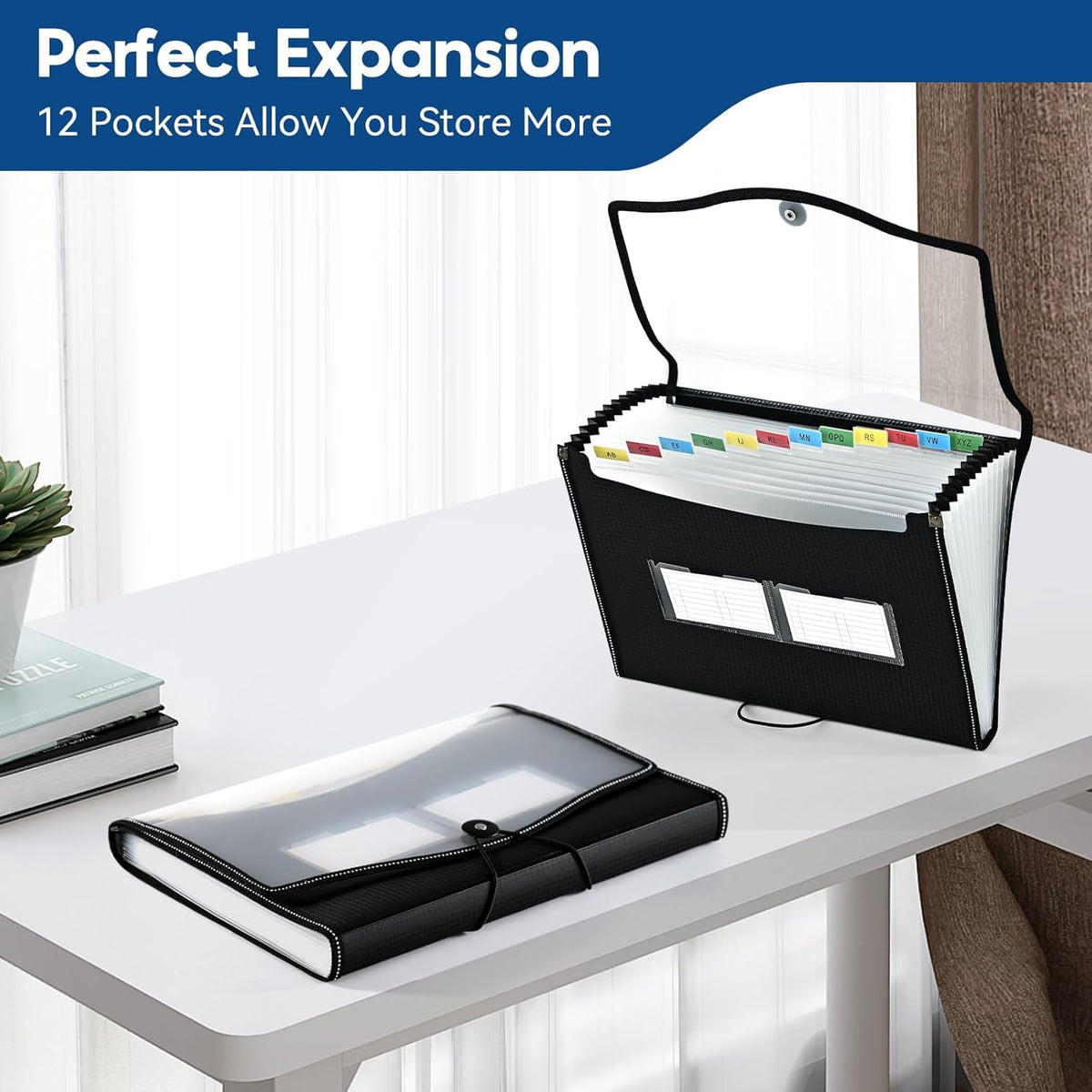 12-Pocket-Expanding File-Folder,Accordion-File-Organizer, A4/US Letter Size Paper Receipt Organizer Accordian Filing Folders (Black-T-12 Pockets)
