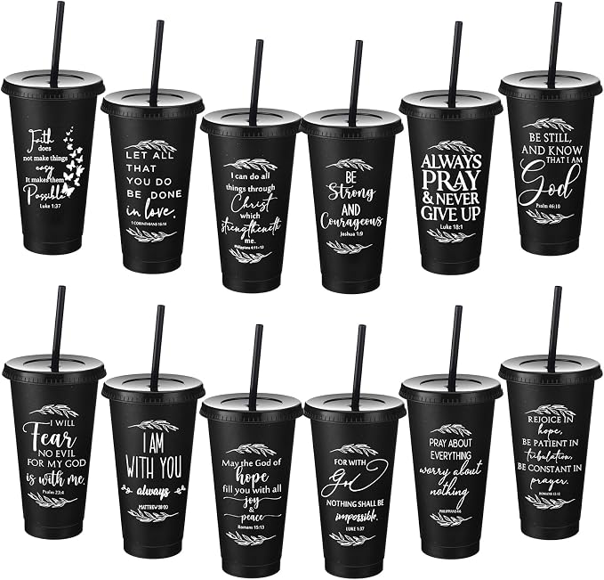 Havawish 12 Pcs Mothers Day Christian Tumbler Gift Bulk Religious Inspirational 24 oz Drinking Jesus Cup with Lid Straw Bible Verse Plastic Cup for Church Father Teacher First Communion (Black)