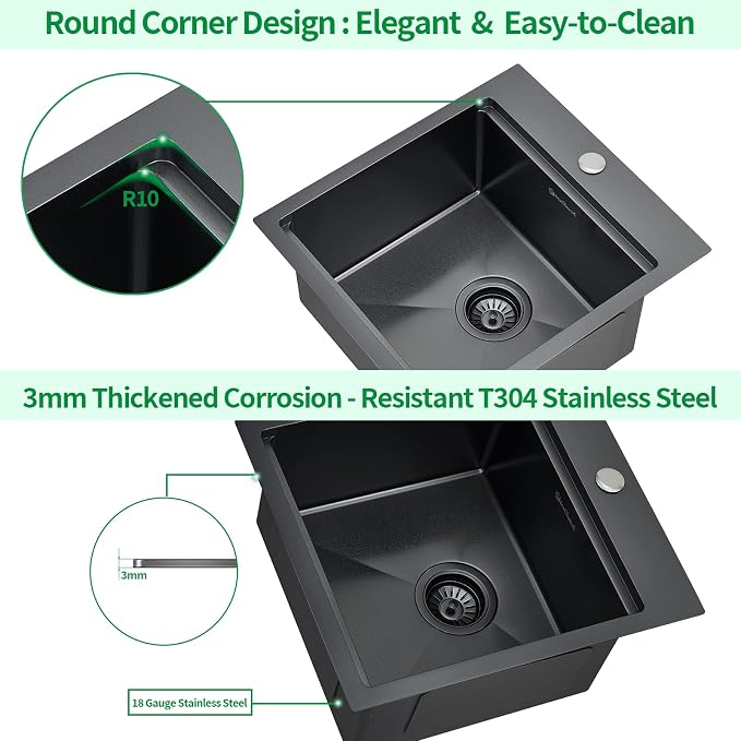 Kitchen Sink, 17 x 19 Inch Drop in Bar Sink Gunmetal Black Stainless Steel