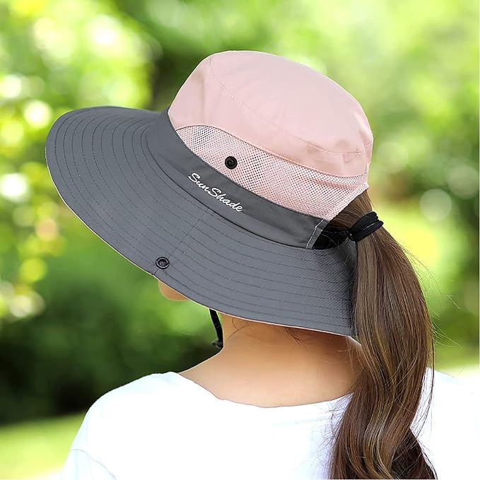 ZOORON Women's Ponytail Safari Sun Hat, Wide Brim UV Protection Outdoor Bucket