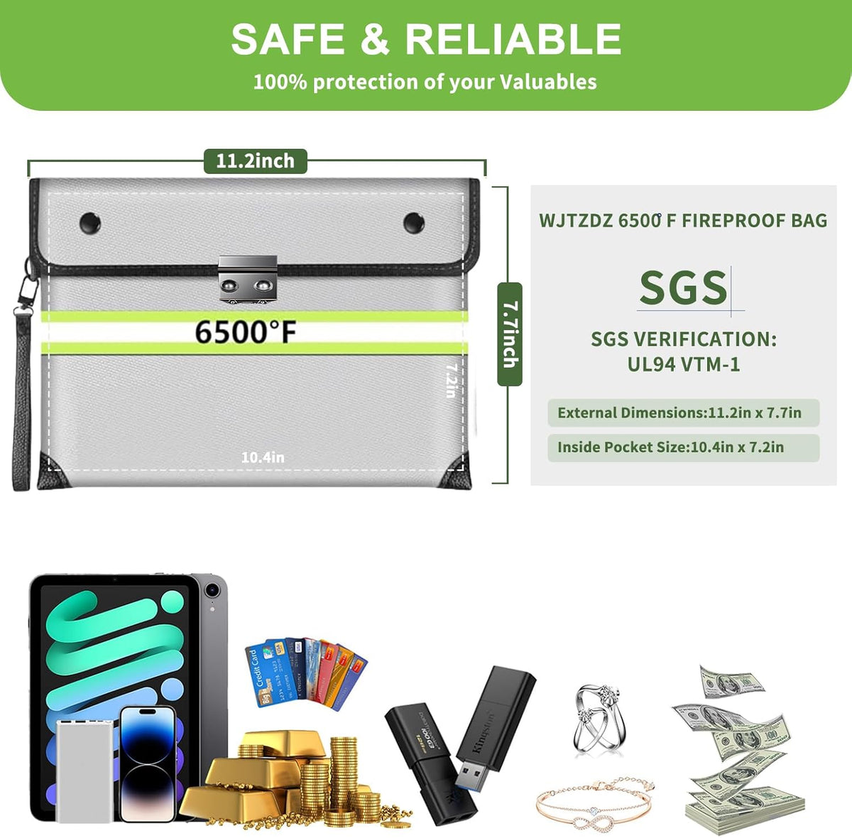 6500°F Fireproof Document Bag with Lock,Upgraded Fireproof/Waterproof Money Bag with Zipper/Reflective Strip,Storage Pouch for A4 Letter Size Document,Cash,Cell Phone,Passport（Not Fit A4 Files）