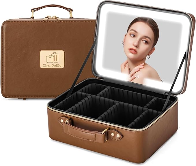 Makeup Bag with LED Mirror & Magnifier, Large Cosmetic Organizer Travel Makeup