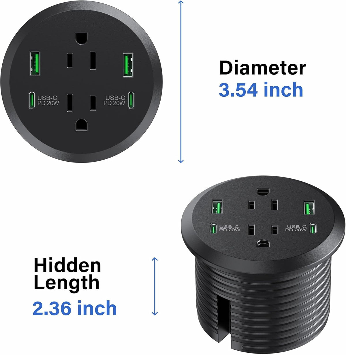 Desktop Power Grommet, 3-inch Hole, 40W Fast Charging Station, 2 PD 20W USB C Ports, 2 AC Outlets, 4 USB Ports, Flush Mount, 2 Pack