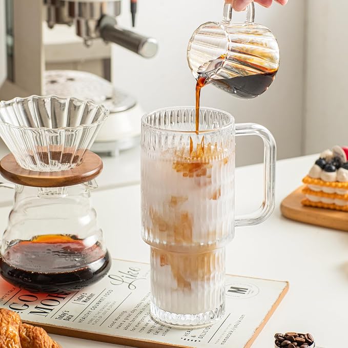 INSETLAN 26oz Raindrop Glass Tumbler with Handle and Lid, Set of 2 – Reusable Iced Coffee Cups with Lids, Clear Glass Cups with Straw for Coffee, Smoothies, Tea, Juice – Perfect for any Occasion