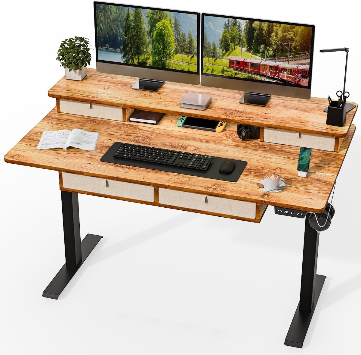 Standing Desk with Fast Charging USB Ports, 55" x 30" Height Adjustable Home Office & Gaming Desk, Sit Stand Desk with Built-in Storage Shelf, Hook & Ergonomic Design(Light Rustic)