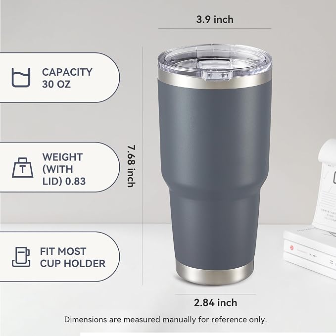 30 oz Tumbler with Lid Stainless Steel Tumblers Vacuum Insulated Cup Reusable Powder Coated Travel Mug Double Wall Leak Proof Portable Cups Keep Cold Drinks for 12 Hours, Gray, 1 Pack