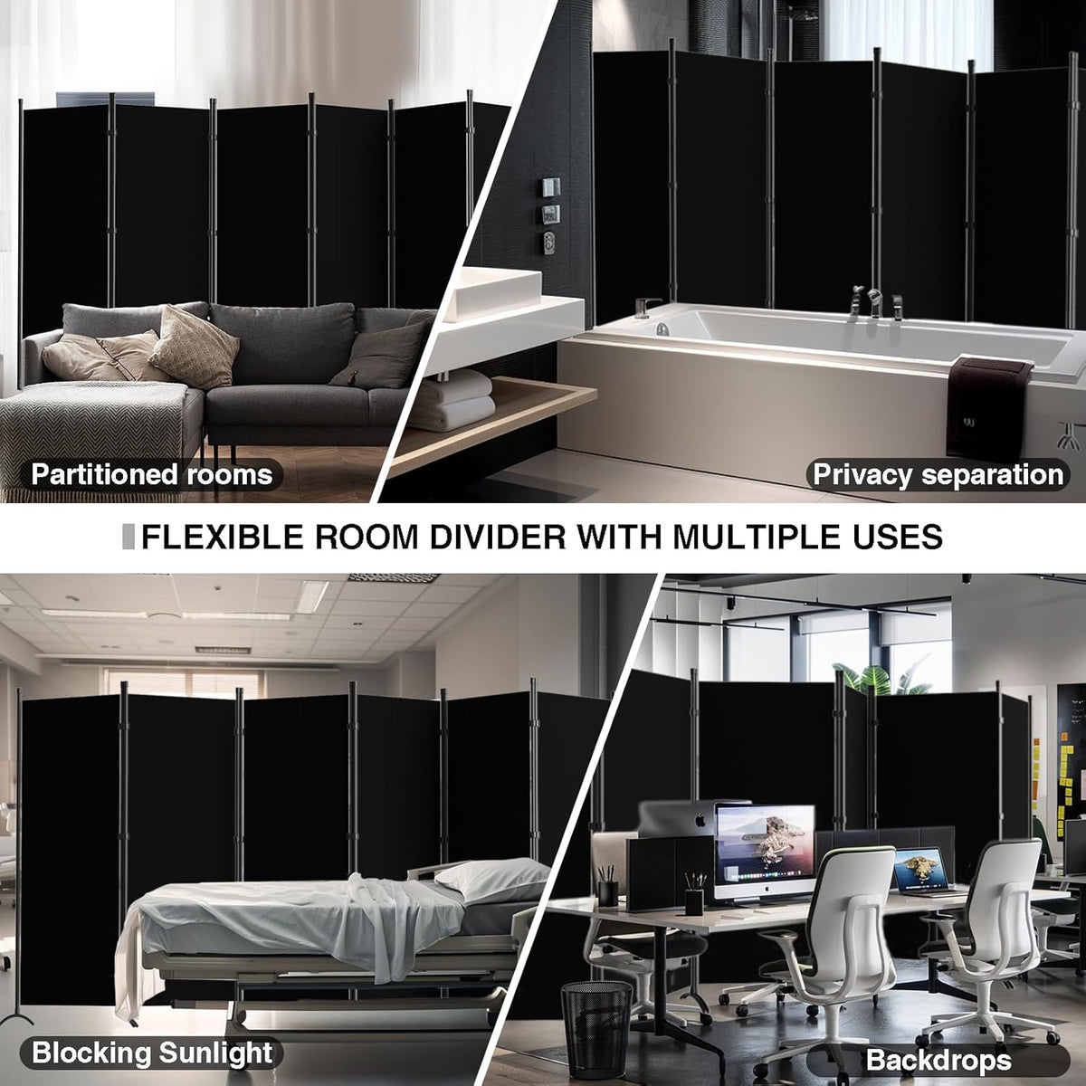 6 Panel Room Divider, 6FT Portable Room Dividers Folding Privacy Screens, 198" W Freestanding Fabric Divider for Room Separation, Partition Room Divider Panel for Dorm Home Studio Office, Black