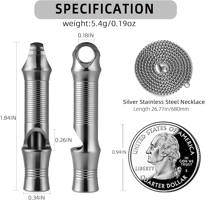 TISUR Titanium Emergency Whistle, EDC Safety Whistles Necklace Loud up to 120db