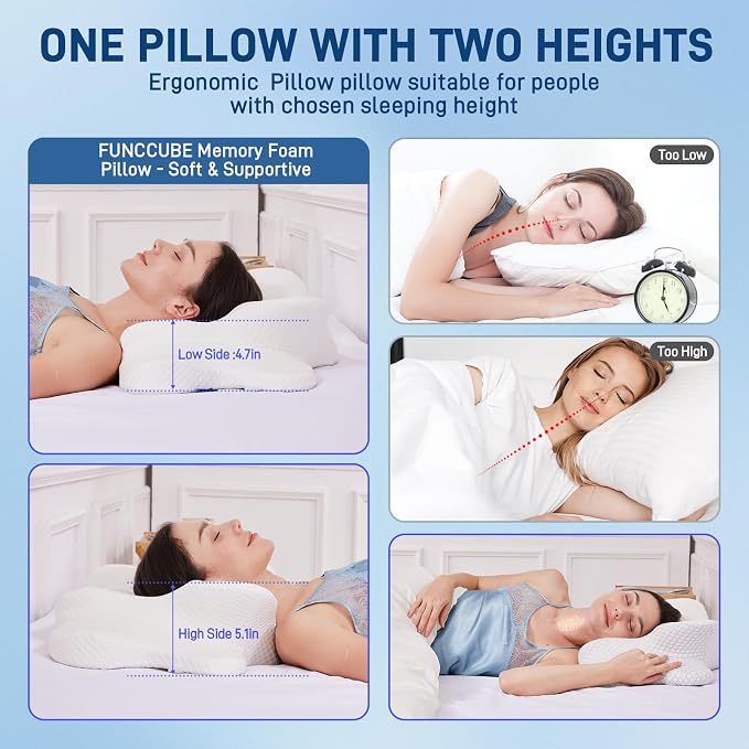Cervical Neck Pillow for Sleeping, Dual Height Contour Memory Foam Pillow for