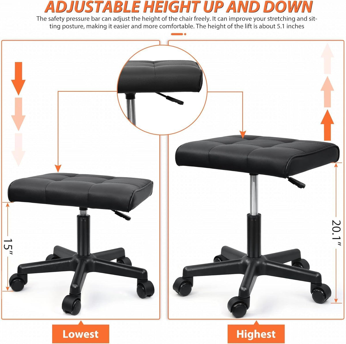 Footrest Under Desk Leg Rest Ottoman Adjustable Height Foot Stool with Wheels Leather Footrest