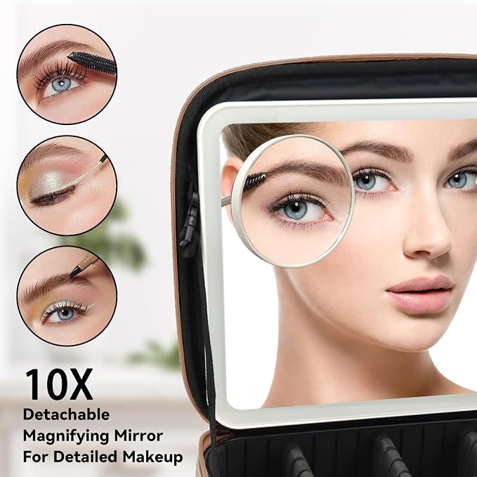 Travel Makeup Bag with LED Mirror and 10x magnifying glass with 3 Lighted