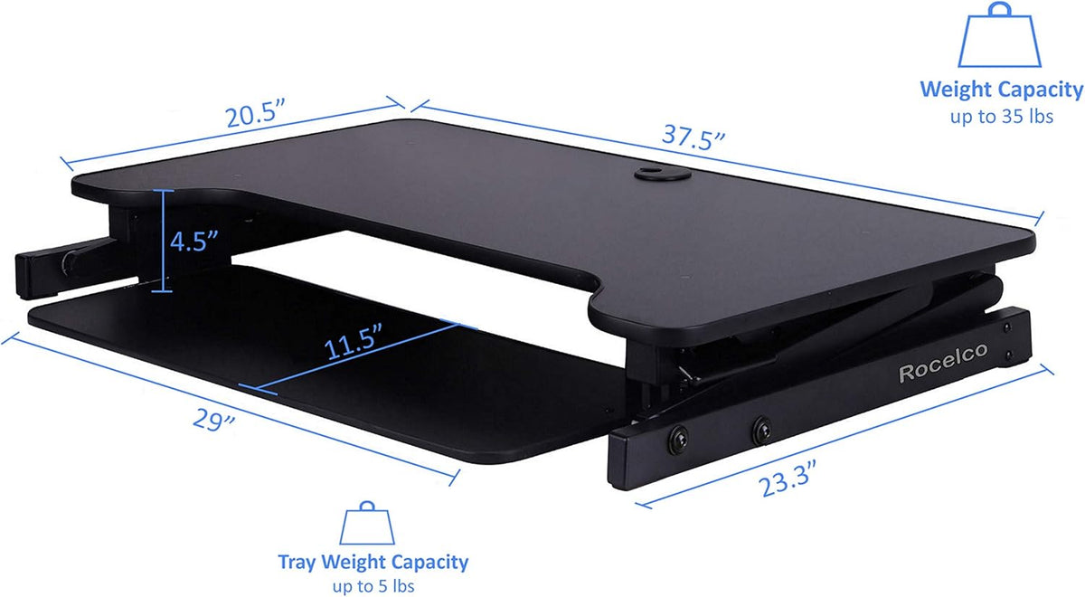 Rocelco 40" Large Height Adjustable Standing Desk Converter with Dual Monitor Mount BUNDLE - Quick Sit Stand Up Computer Workstation Riser - Retractable Keyboard Tray - Black (R DADRB-40-DM2)