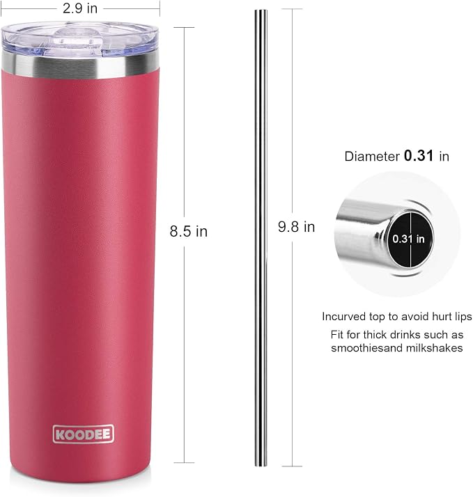 koodee 20 oz Skinny Tumbler Stainless Steel Double Wall Insulated Water Tumbler