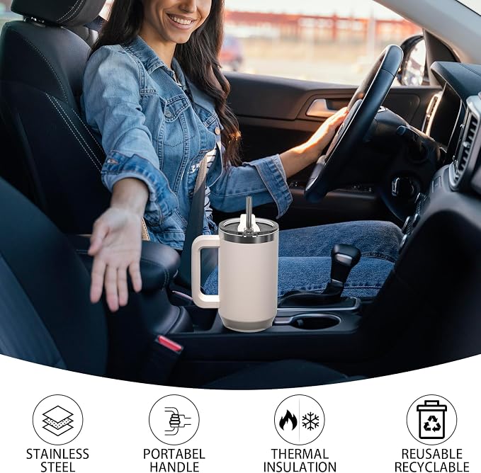 30 oz Tumbler with Handle,Tumbler with Lid and Straw,Double Wall Insulated Cup Stainless Steel Travel Mug(Cold for 34 Hours),Water Bottle for Iced Tea,Coffee,Cold Beverages(Ivory Beige)