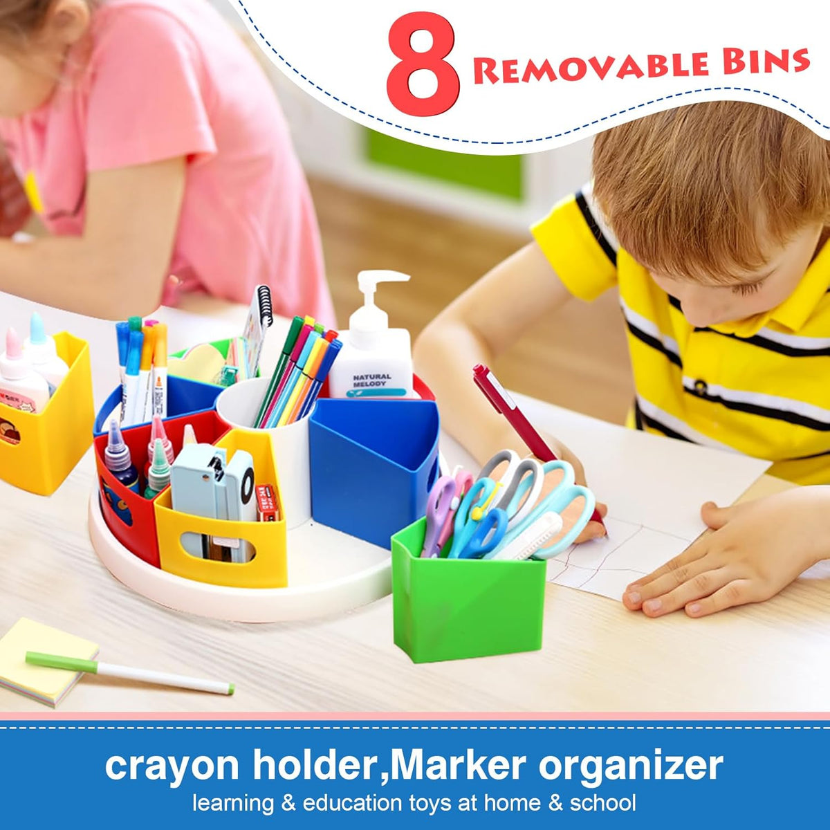 360 Degree Rotating Kids Desk Organizer, Colorful Art Supply Storage and Organization with 8 Removable Compartments, 12" Durable ABS Material for Classroom & Home Use – Perfect Teacher and Child Gift