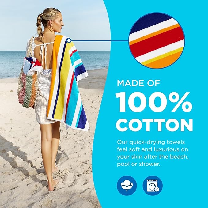 Kaufman - Joey Velour Colored Classic Multi-Color Stripe Beach & Pool Towel - Large 100% Combed Cotton Beach Towel - Soft & Absorbent Colorful Towels - 30" x 60" (2-Pack)