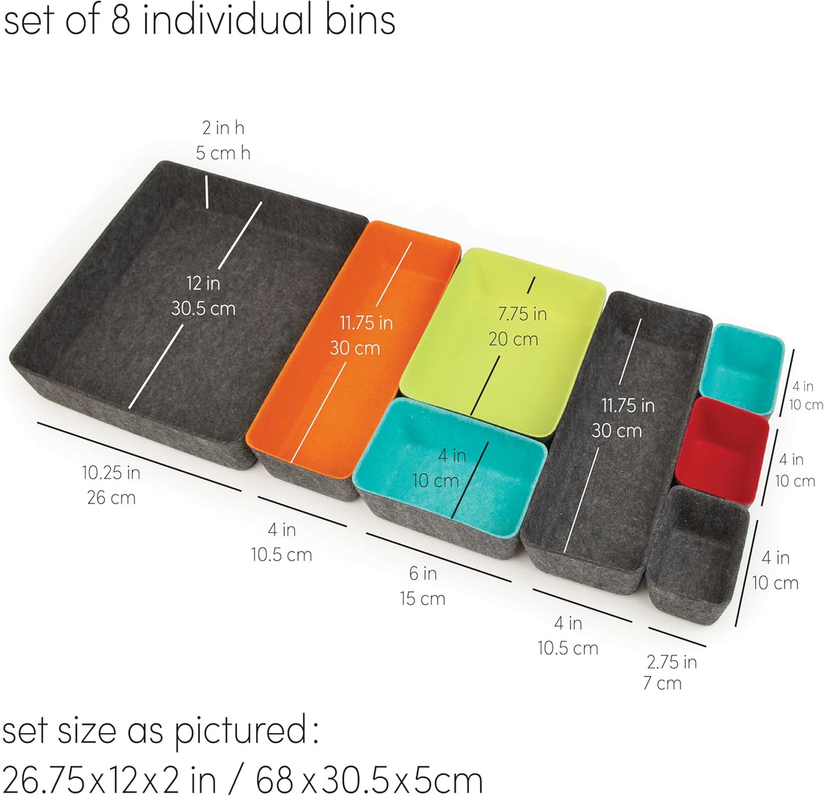 Three by Three Seattle Felt·Like·It! Felt Bins for Office, Crafts, Classroom, Living Room, Bedroom: Multicolor, Set of 8