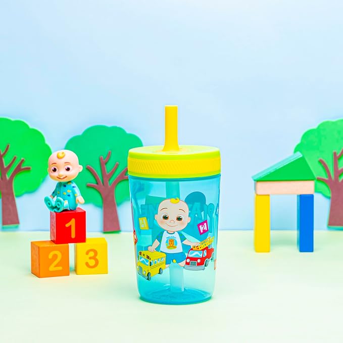 Zak Designs 15oz Cocomelon Kelso Tumbler Set, Leak-Proof Screw-On Lid with Straw Made of Durable Plastic and Silicone, Perfect Bundle for Kids