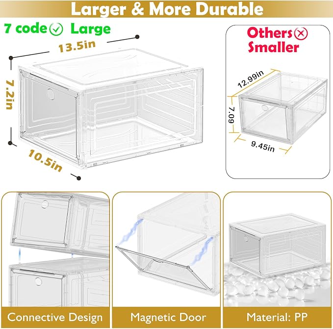 7 code Large Clear Shoe Boxes Organizer【Thicker Material】 Stronger Shoe Box