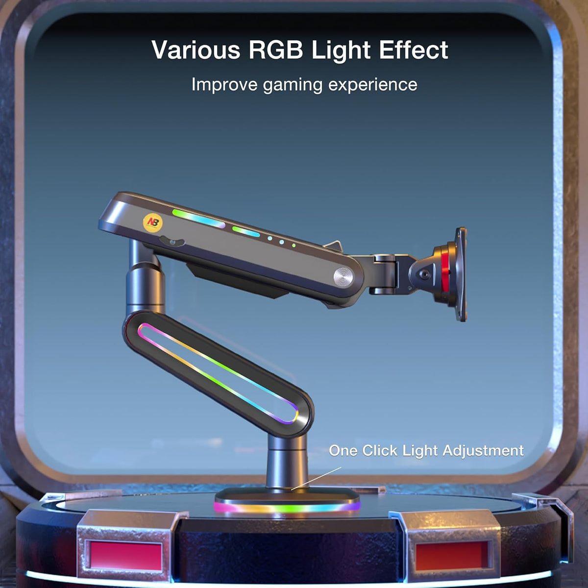 NB Designer Gaming Monitor Arm for 32 to 60 Inches Screen, Load up to 20 kg, VESA 75/100, RGB-Light, Heavy Duty, Multi Angle Adjustable, Premium Aluminum, Long Arm Extension Grey Black