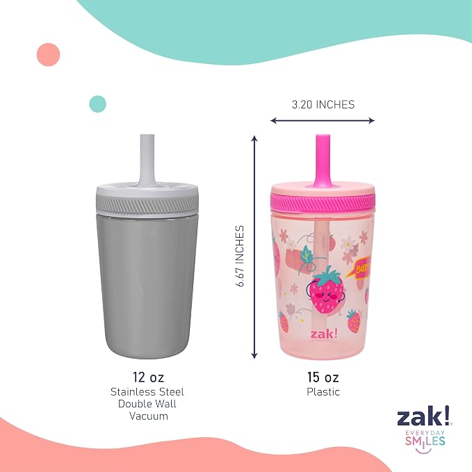 Zak Designs Kelso Toddler Cups For Travel or At Home, 15oz 2-Pack Durable Plastic Sippy Cups With Leak-Proof Design is Perfect For Kids (Sweet Berry, Lemon Zest)