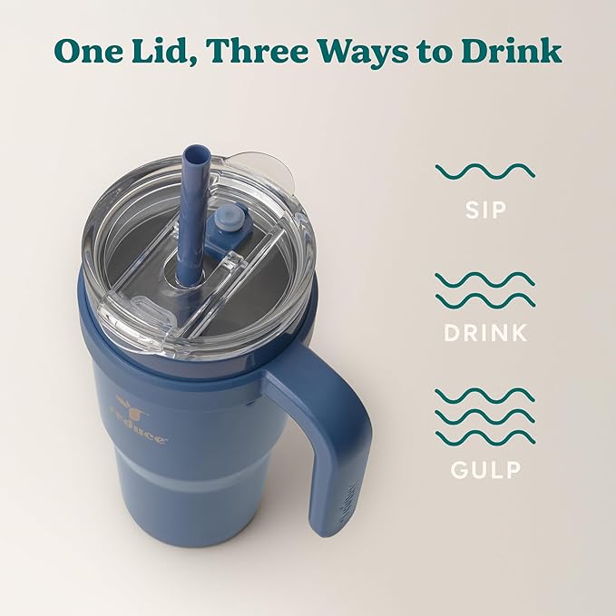 Reduce 24 oz Stainless Steel Tumbler with Handle - Dual-Wall Vacuum Insulated Travel Mug, Sweat-Proof Lid & Reusable Straw - Keeps Drinks Cold for 24 Hrs, Fits Cupholders, Dishwasher Safe-Mineral Blue