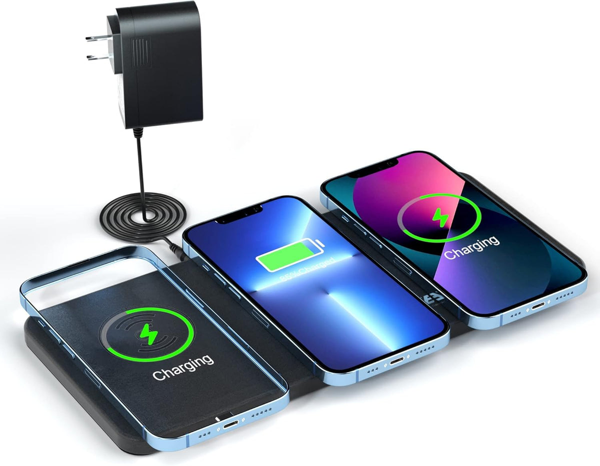 Triple Wireless Charger Pad - 15W Fast Charging Station for Apple iPhone 16/15/14/13/12 Pro/Max/Plus, AirPods, Qi-Certified 3-in-1 Charging Mat for Multiple Devices One-Step Wireless Charging Solution